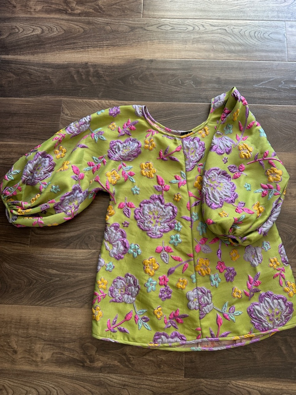 Arianne Lime Green Puff-Sleeve Floral Embroidered Blouse